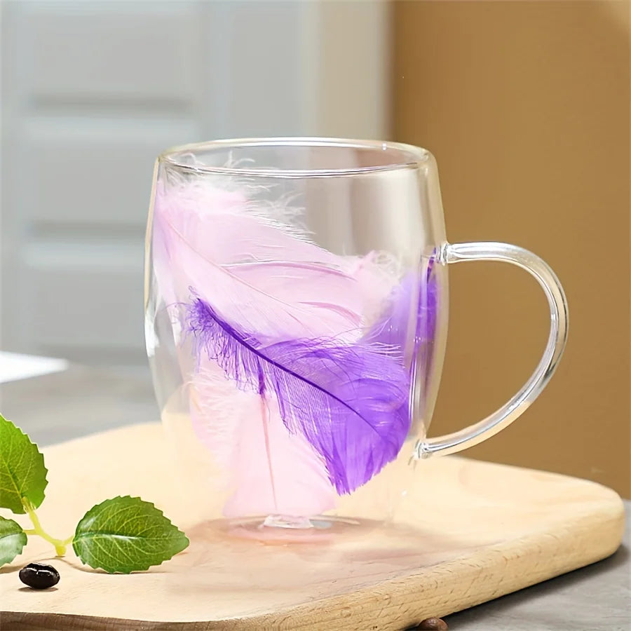 Aesthetic Feathers Inside Double Walled Filled Glass Mugs