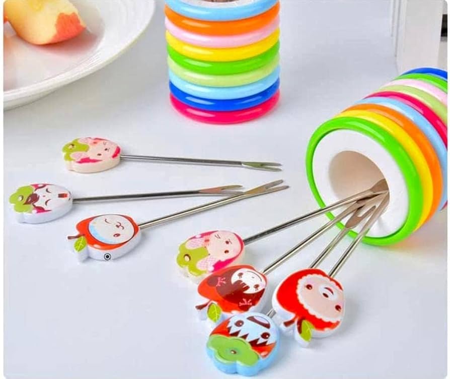 Steel Fruit Fork Reusable Cartoon And Fruit Shape 8 Piece With Color Ring Stand Size 3.7 Inches