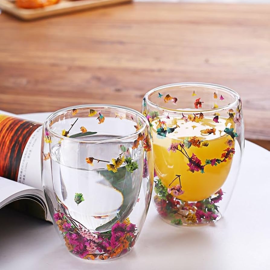 Aesthetic Flowers  Inside Double Walled Filled Glass Mugs