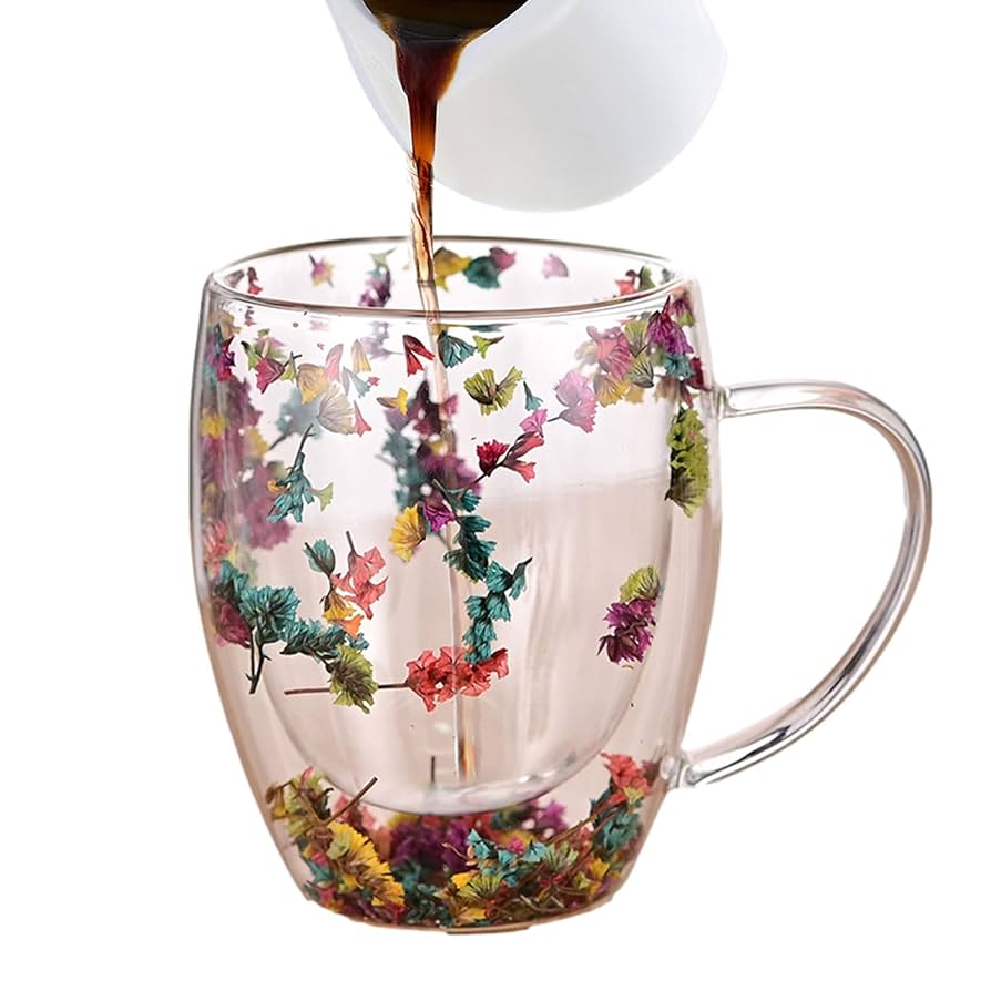 Aesthetic Flowers  Inside Double Walled Filled Glass Mugs