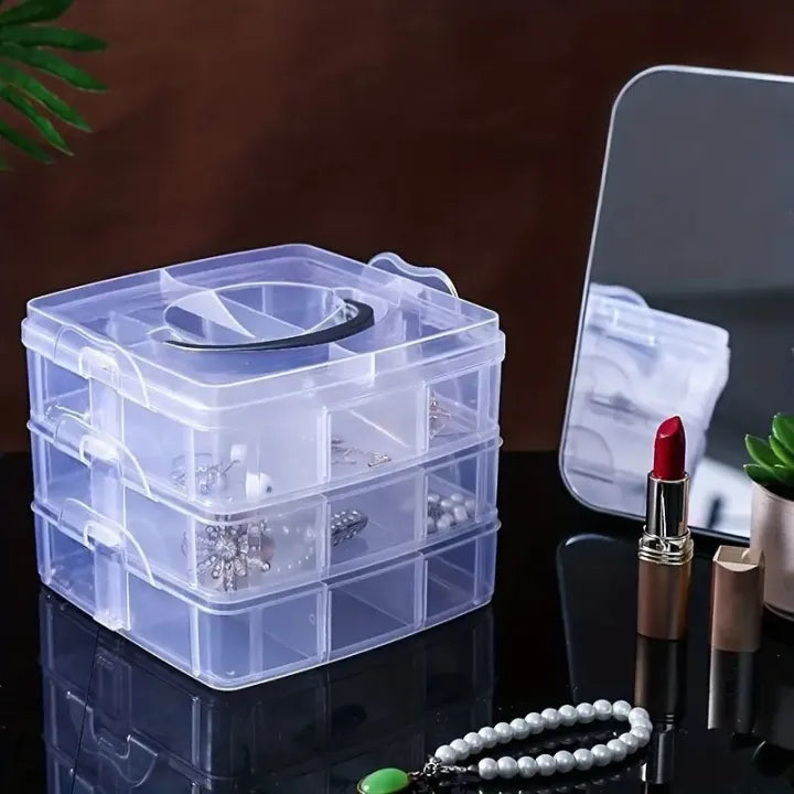 3 Layer-30 Grid Storage box, Transparent Plastic Organizer with Adjustable Compartment for Jewelry, Rings, Art Craft, Earings Box (Random Color)