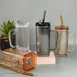 Square Airtight Glass Cup With Straw(250ml)