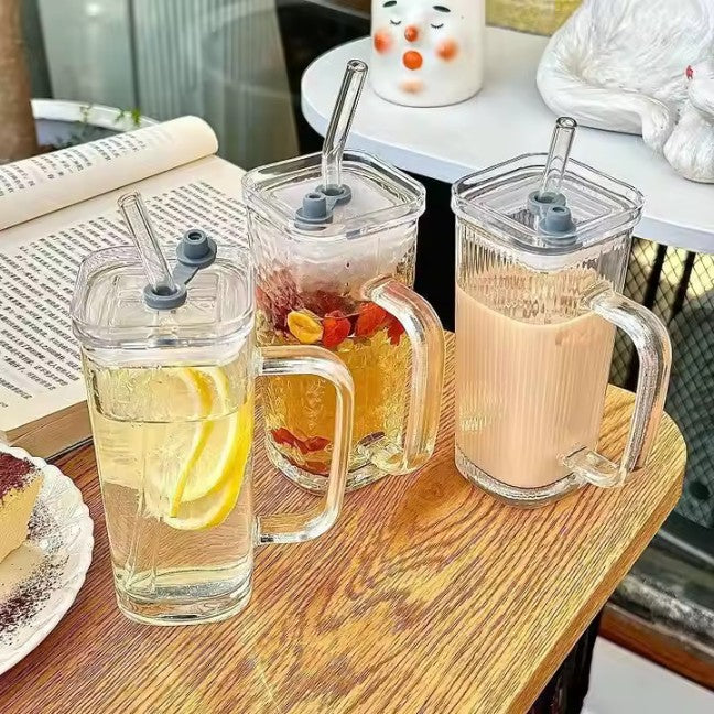 Square Airtight Glass Cup With Straw(250ml)