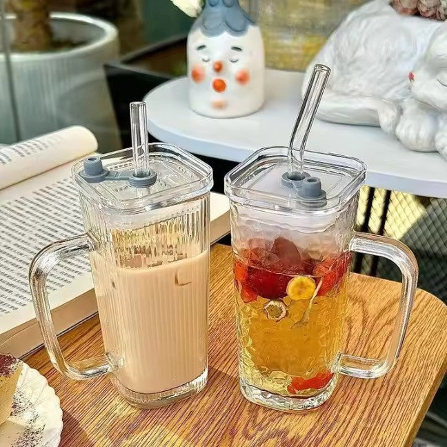 Square Airtight Glass Cup With Straw(250ml)