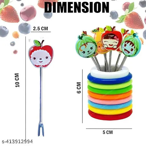 Steel Fruit Fork Reusable Cartoon And Fruit Shape 8 Piece With Color Ring Stand Size 3.7 Inches
