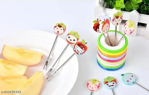 Steel Fruit Fork Reusable Cartoon And Fruit Shape 8 Piece With Color Ring Stand Size 3.7 Inches