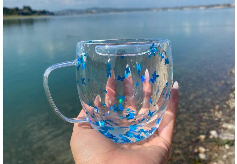 Aesthetic Flowers  Inside Double Walled Filled Glass Mugs