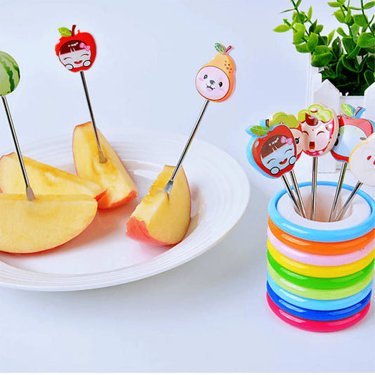 Steel Fruit Fork Reusable Cartoon And Fruit Shape 8 Piece With Color Ring Stand Size 3.7 Inches