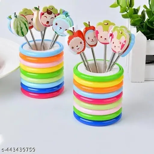 Steel Fruit Fork Reusable Cartoon And Fruit Shape 8 Piece With Color Ring Stand Size 3.7 Inches